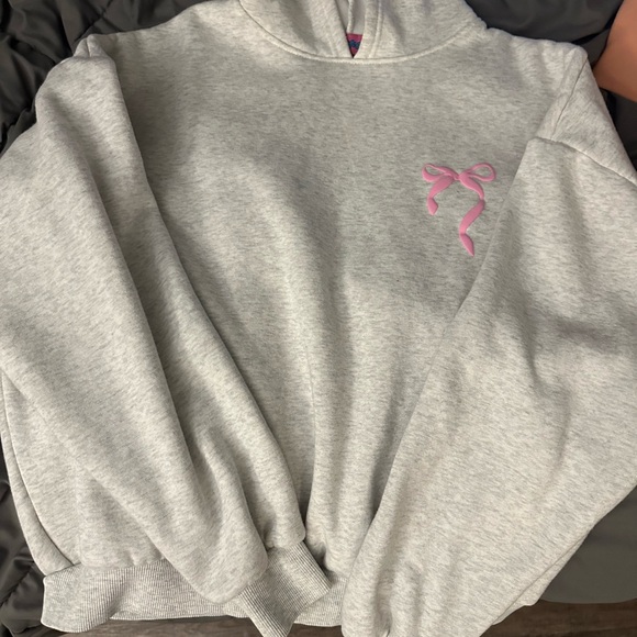 Edikted Tops - Edikted Light Gray Hoodie with Pink Bow Detail